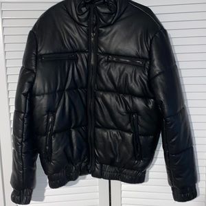 Slate and stone faux leather puffer